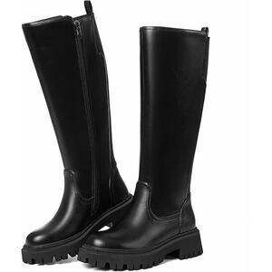 Womens Black Round Toe Knee High Platform Tall Classic Lug Sole Riding Boots 9.5